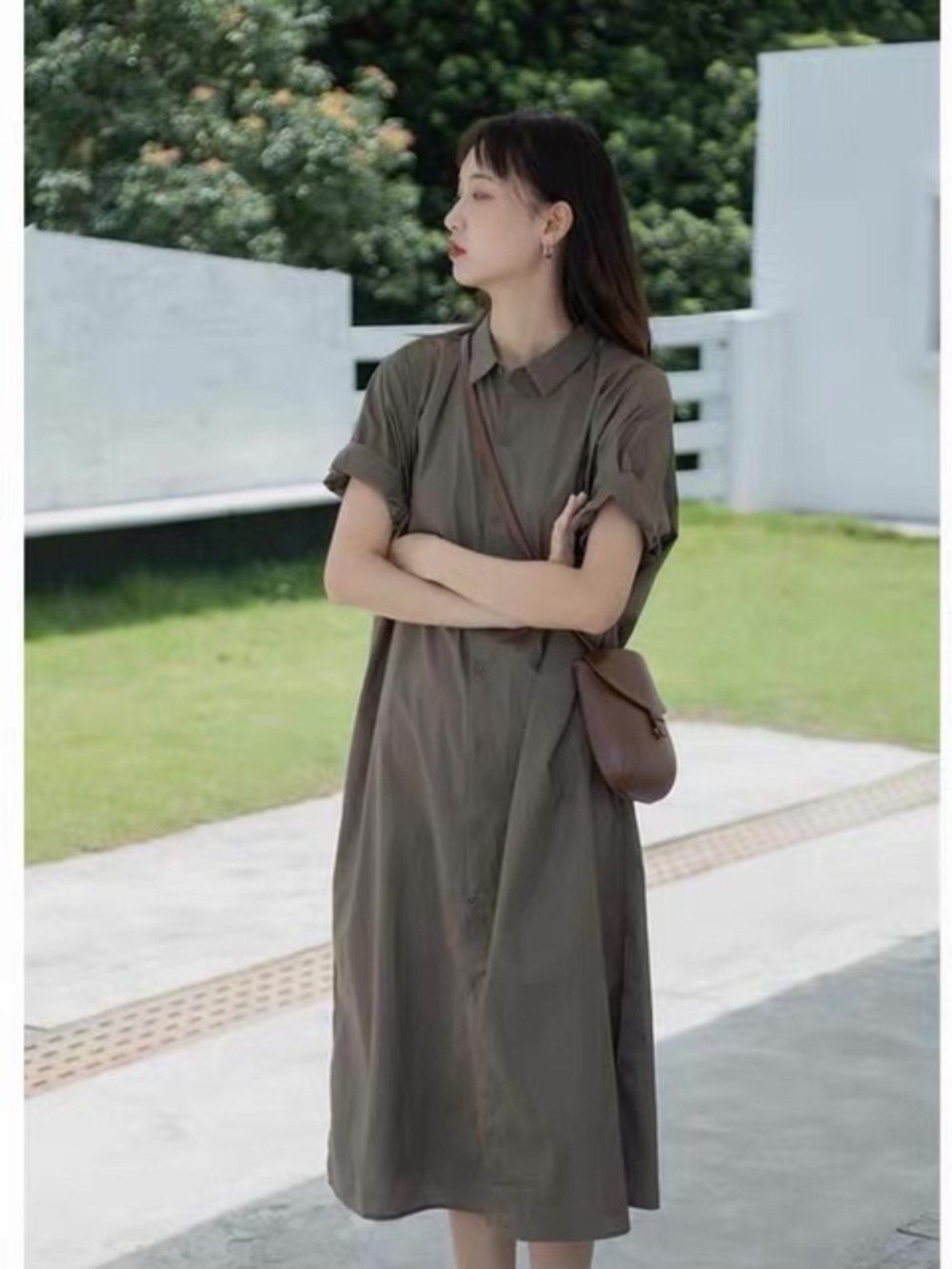 Classic Collared Shirt Dress in Olive Green
